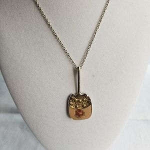 Vintage Gold Enamel Fan Necklace Red Rose 26"